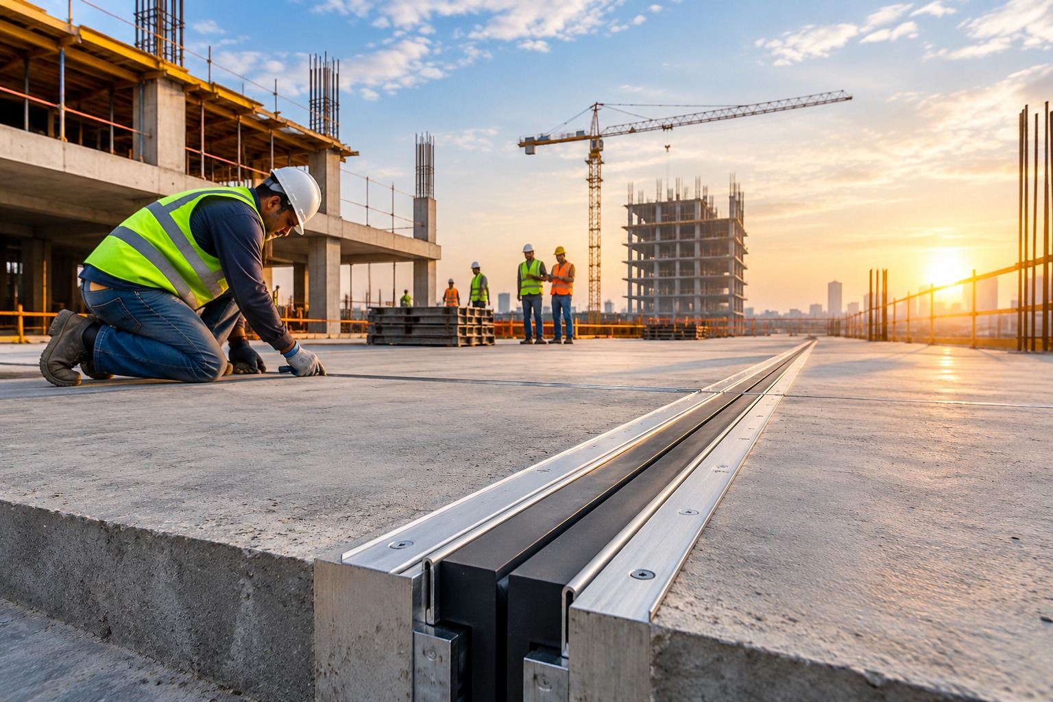 Worker installing an expansion joint on a construction site